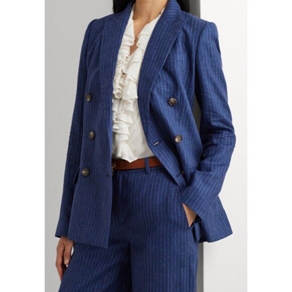 LAUREN Ralph Lauren blazer Pinstripe Double-Breasted 100% Linen blue Blazer 345$